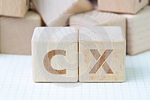 Customer Experience concept, cube wooden block with alphabet CX, important of user centric in recent world business, product and photo