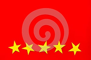 Customer experience concept. Estimate service quality. Five stars on red background top-down copy space