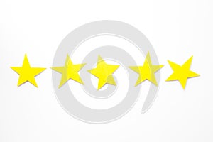 Customer experience concept. Estimate service quality. Five stars on white background top-down copy space