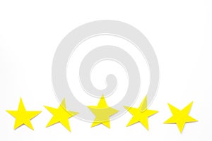 Customer experience concept. Estimate service quality. Five stars on white background top-down copy space