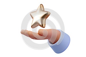 Customer Experience Concept. Hand of Client giving Golden Star isolated on white background. Feedback, Add to favorites