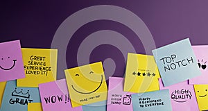 Customer Experience Concept. Happy Clients stick Many Sticky Notes with Positive Review on Board. Feedback for Satisfaction