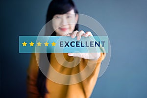 Customer Experience Concept, Happy Woman Show Excellent Rating w