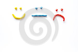 Customer experience concept. Smiles or emoji - good, neutral, bad feedback - on white background top-down copy space