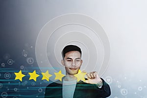 Customer Experience Concept. Young Businessman with Happy Face Showing his Five Star Services Rating Satisfaction. Happy Client`s