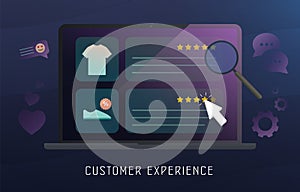 Customer Experience, feedback review, cx survey online marketing concept. Happy customer puts a 5-star rating for the service