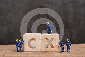 Customer Experience in product and service concept, miniature people workers with blue team uniform building cube wooden block