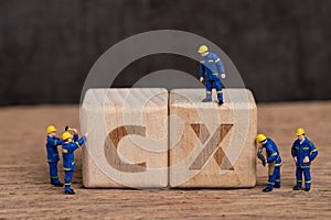Customer Experience in product and service concept, miniature people workers with blue team uniform building cube wooden block