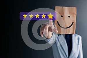 Customer Experiences Concept. Happy Business Woman with Smiling Face on Paper Bag Giving Five Star Rating for her Satisfaction.