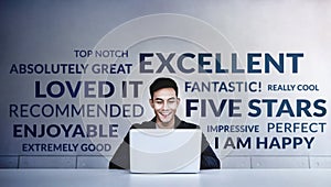 Customer Experiences Concept. a Young Happy Man Reading Positive Review Rating via Computer Laptop. Client`s Satisfaction Survey