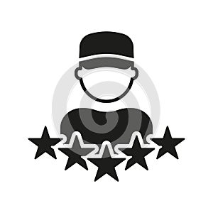 Customer Feedback, Employee with Five Stars Solid Sign. Client Satisfaction Symbol. Delivery Man Review Silhouette Icon