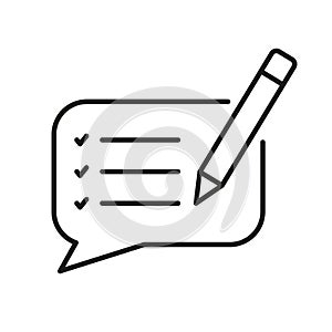 Customer Feedback Message Line Icon. Speech Bubble With Pencil Linear Pictogram. Comment Outline Symbol. Support Chat