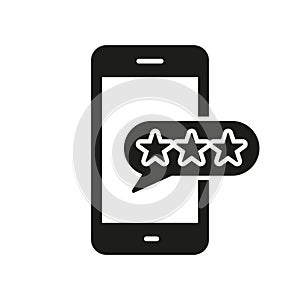 Customer Feedback On Mobile Phone Silhouette Icon. Social Media App Rating Glyph Pictogram. Smartphone With Stars And