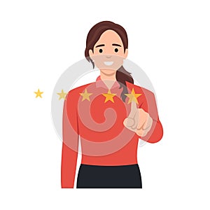 Customer feedback review with give 5 star rating. Customer woman review and user rating five stars from dialog box in the