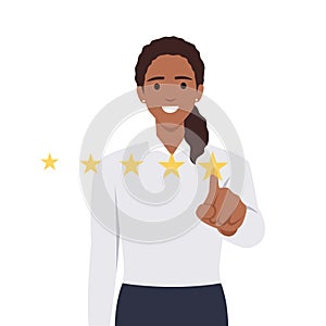 Customer feedback review with give 5 star rating. Customer woman review and user rating five stars from dialog box in the