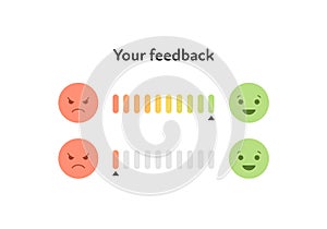 Customer feedback survey template. Vector flat illustration. Green, yellow and red color ui progress bar with anger and happy