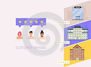 Customer get reviews about hotels. Concept of feedback, testimonials messages and notifications. Rating on customer service photo