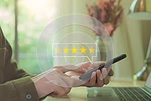 Customer give a rating five star to service experience on smartphone, evaluate the quality of service to reputation ranking of the