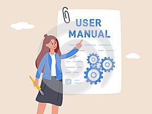Customer guide, useful information, technical document concept. Woman read user manual book. Manager reading and writing