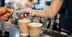 Customer, hands and credit card at coffee shop POS, fintech payment and cafe, restaurant or small business services