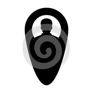 Customer icon vector male user person profile avatar with location map marker pin symbol in flat color glyph pictogram