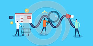 Customer journey map - people with shopping trolley, ecommerce website purchase concept.