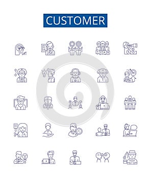 Customer line icons signs set. Design collection of Client, Patron, Purchaser, Consumer, Buyer, Subscriber, User, Guest