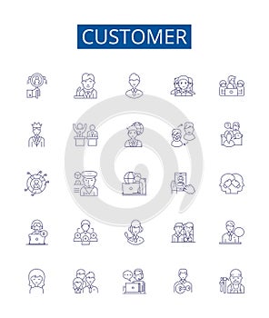Customer line icons signs set. Design collection of Client, Patron, Purchaser, Consumer, Buyer, Subscriber, User, Guest