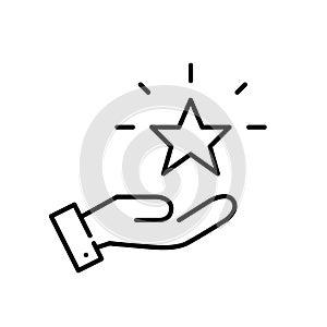 Customer loyalty bonus rewards program. Hand holding shining star. Pixel perfect, editable stroke