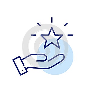 Customer loyalty bonus rewards program. Hand holding shining star. Pixel perfect icon