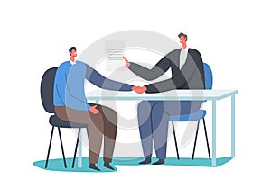 Customer Male Character Visiting Bank for Transaction Payment History. Banker with Paper Document Shaking Hand to Client