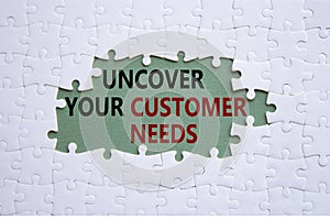 Customer Needs symbol. White puzzle with words Uncover your Customer Needs. Beautiful grey green background. Business concept.