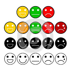 Customer opinion survey buttons set. Mood grade with emoji face. Client satisfaction measurement scale icons. Vector illustration