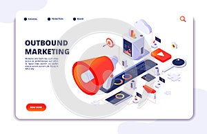 Customer outbound marketing. Online permission marketing, social media crm and business interruption vector landing page