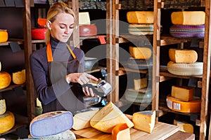 Customer paying for order of cheese in grocery shop.