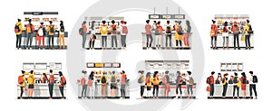 Customer people cartoon vector scenes. Crowd group casual clothes back view clients characters, standing counter snack