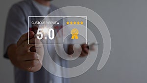 Customer pointing fingers on virtual screen choose to rate service on five-star rating of 5.0.