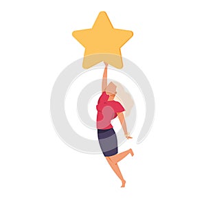 Customer rating. Happy jumping woman with star. Clients satisfaction. Evaluating service. Girl with yellow icon. Cartoon