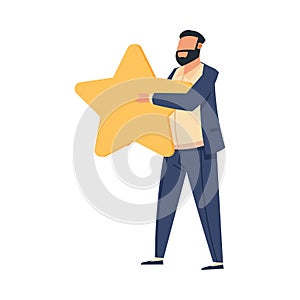Customer rating. People with stars. Clients satisfaction and experience. Service evaluation ranking. Standing man with yellow