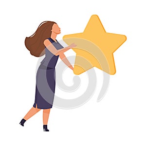 Customer rating. Woman hold star icon. Clients satisfaction. Evaluating service, supporting product. Quality ranking