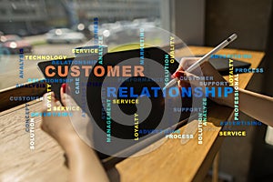 Customer relationship management concept on the virtual screen. Words cloud.