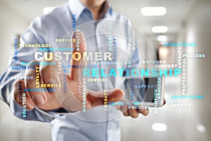 Customer relationship management concept on the virtual screen. Words cloud.