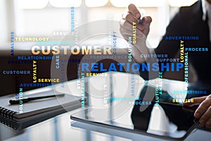 Customer relationship management concept on the virtual screen. Words cloud.