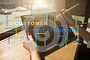 Customer relationship management concept on the virtual screen. Words cloud.