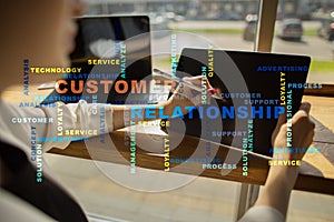 Customer relationship management concept on the virtual screen. Words cloud.