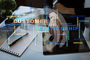 Customer relationship management concept on the virtual screen. Words cloud.