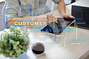 Customer relationship management concept on the virtual screen. Words cloud.