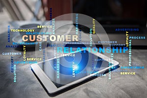 Customer relationship management concept on the virtual screen. Words cloud.