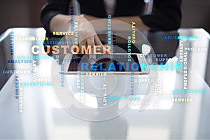 Customer relationship management concept on the virtual screen. Words cloud