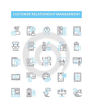 Customer relationship management vector line icons set. CRM, Customer, Relations, Management, Engagement, Reach